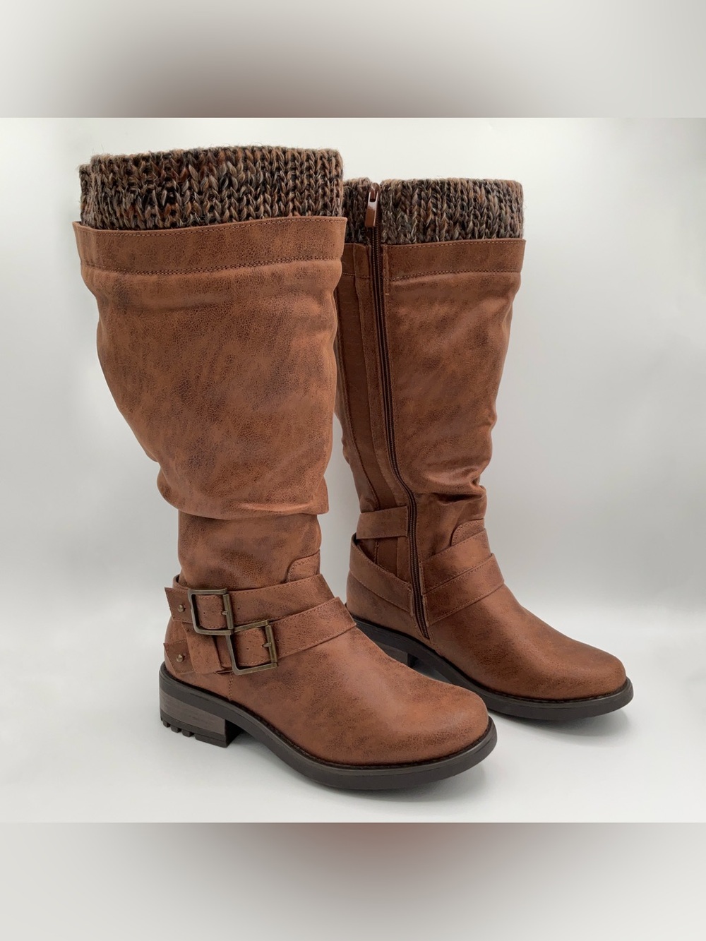 NEW w/o box Torrid Knee Boots Brown Faux Leather Tall Buckle Sweater Tops US8.5W